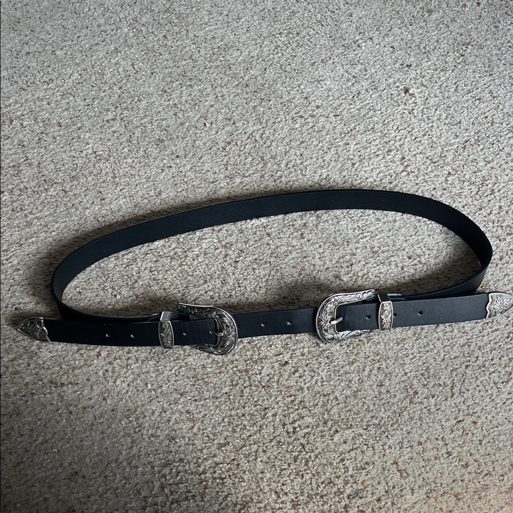 Black Double Buckle Belt with Silver Accents Western Cowgirl - Picture 2 of 7